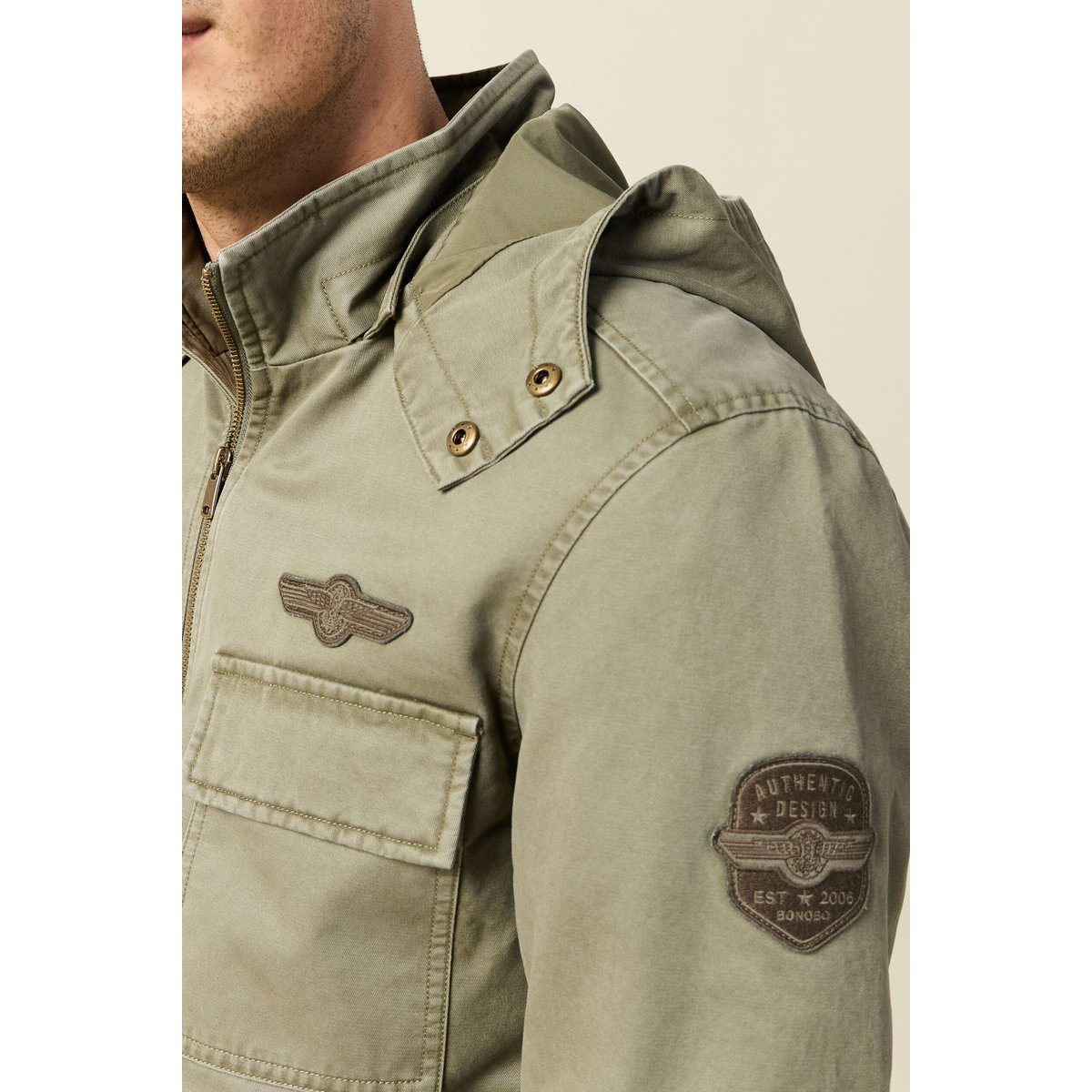 Blouson col montant à capuche vert kaki, BONOBO