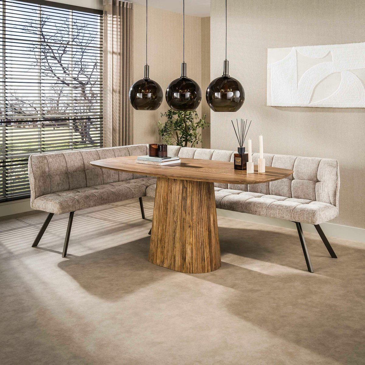 Banc de table tissu doux sable, angle gauche MELBOURNE beige, PIER IMPORT