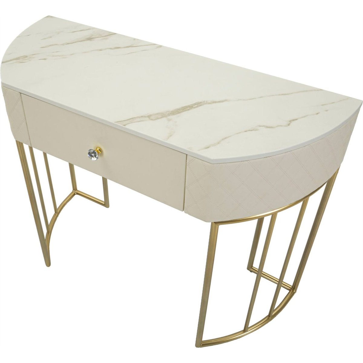 Console capitonnée piètement métal GLAM blanc et doré, RECOLLECTION