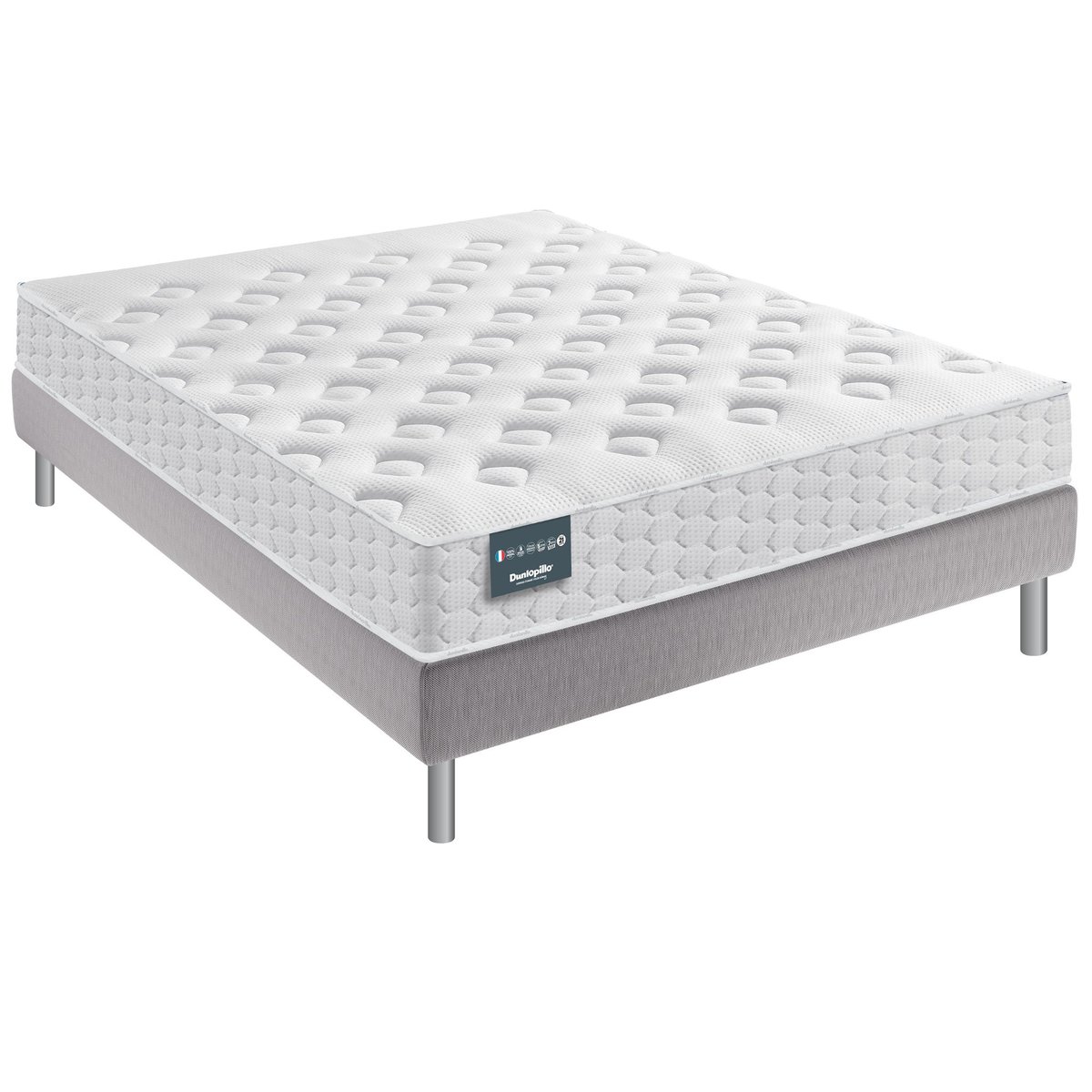 Matelas mousse mémoire, sommier pieds NARCISSE blanc, DUNLOPILLO