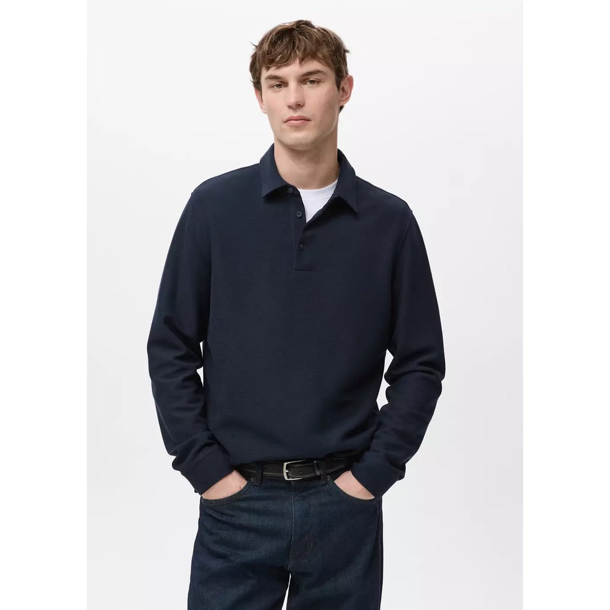 Pull-over polo maille structure bleu marine, MANGO MAN