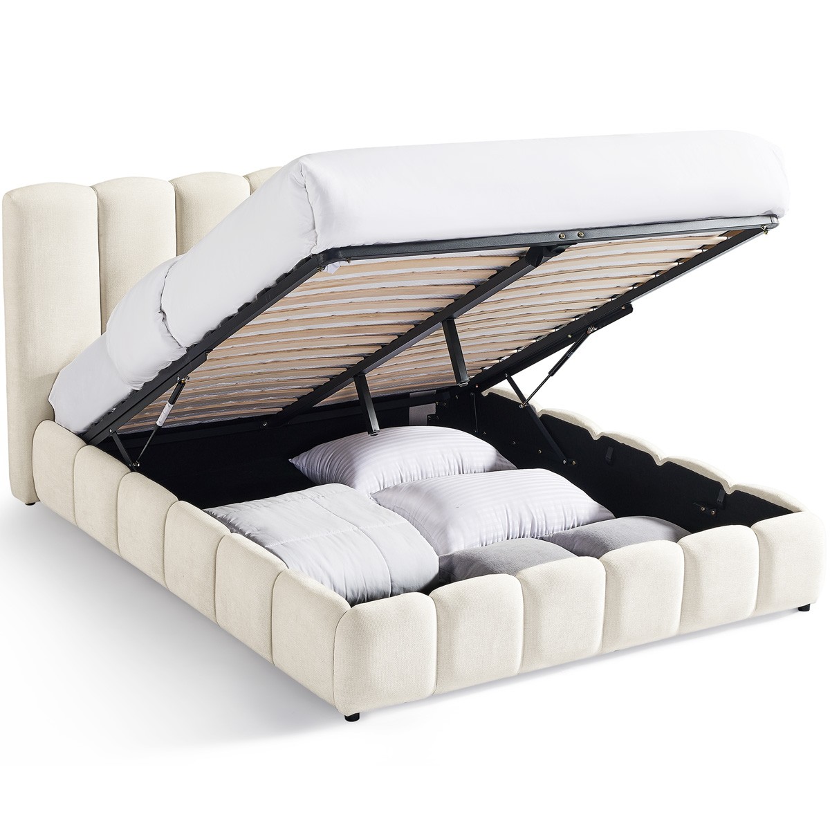 Lit coffre adulte avec tête de lit capitonnée en tissu chenille - NILS beige, HOMIFAB