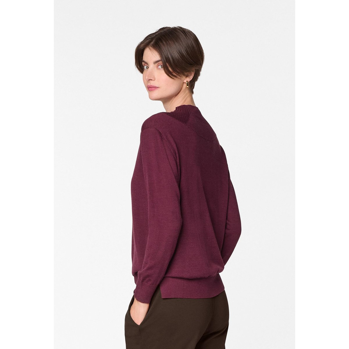 Pull col montant en laine mérinos violet prune, RODIER
