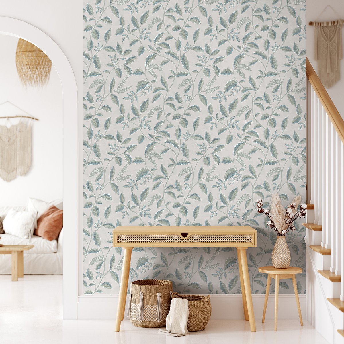Papier peint feuillage stylisé bleu canard et or vert, HEXOA