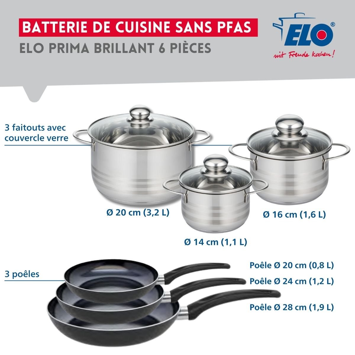 3 poêles 20/24/28cm + 3 faitouts 14/16/20cm PRIMA BRILLANT noir, ELO