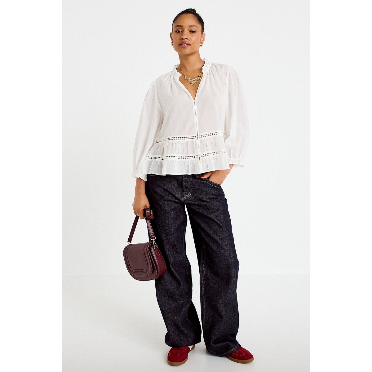 Blouse cintrée col v manches 3/4 ecru, CACHE CACHE