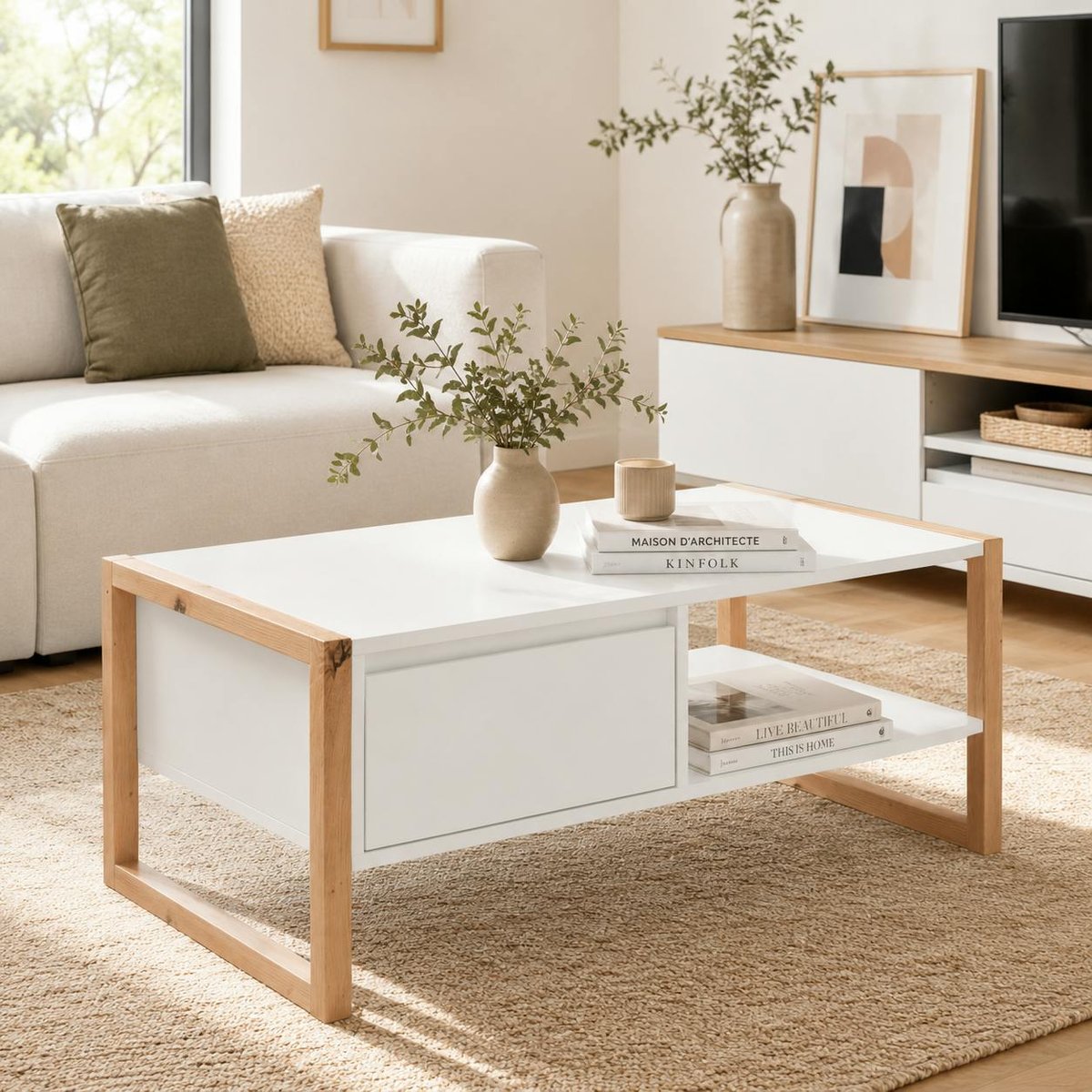 Table basse rectangulaire avec niche et tiroir ALVA blanc, PIER IMPORT