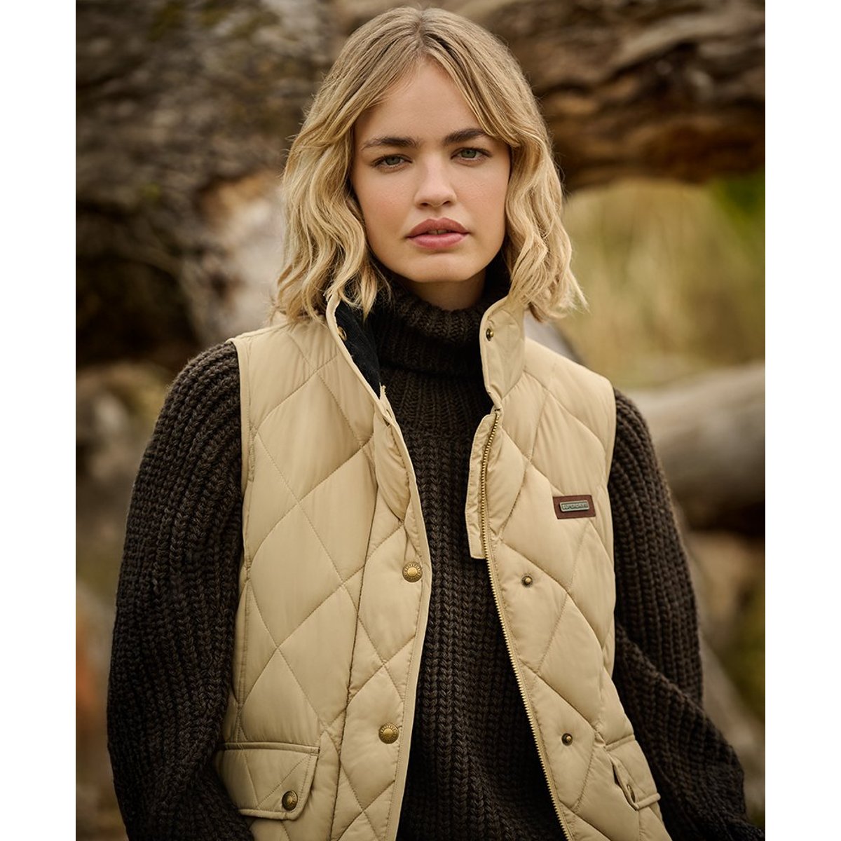 Veste sans manches à doublure bordée de velours côtelé beige shaker, SUPERDRY