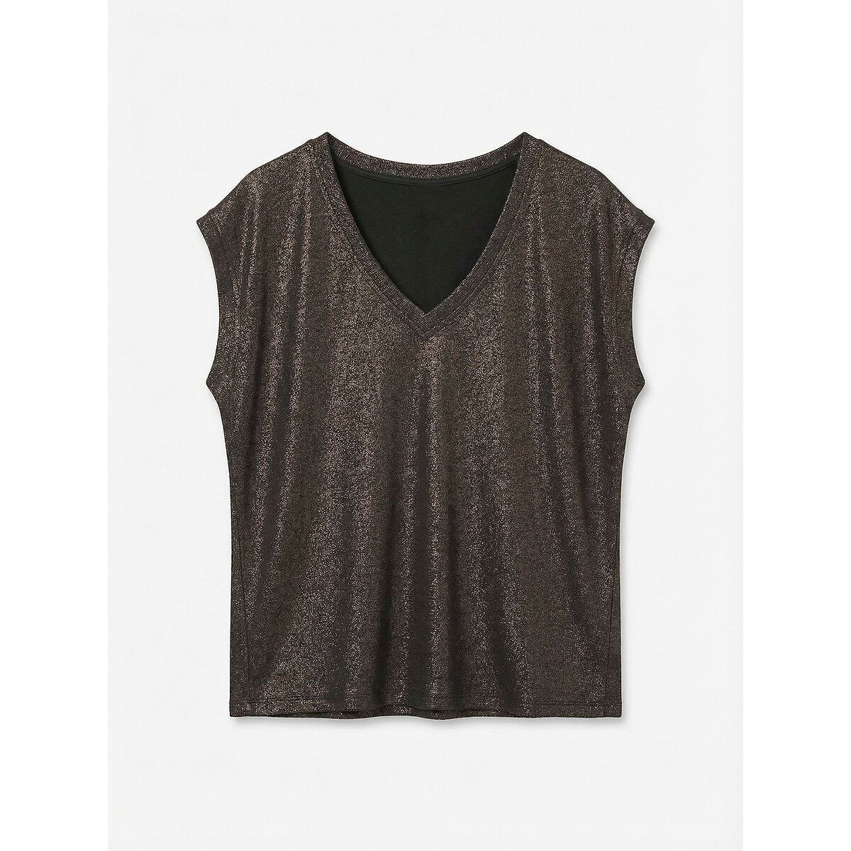 T-shirt manches courtes, col V, à paillettes marron chocolat, VERO MODA