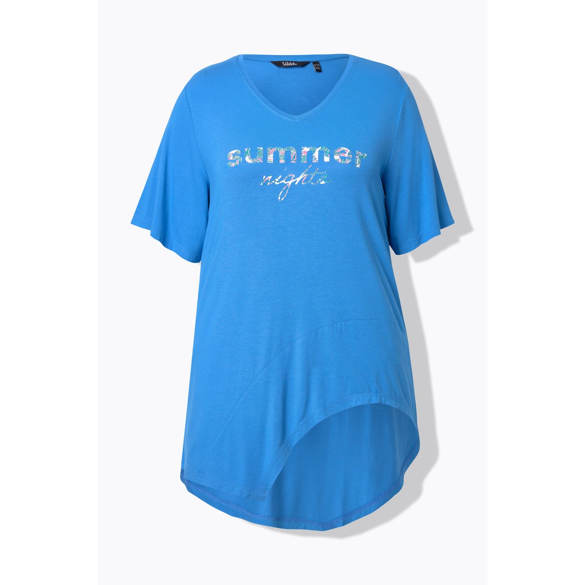 T-shirt à message. Col V et manches courtes. bleu pétrole, ULLA POPKEN