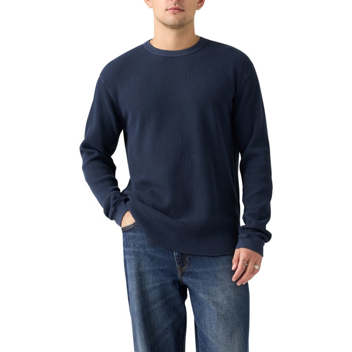T-shirt en coton bleu marine en maille gaufrée avec un col rond marine, LEVI'S