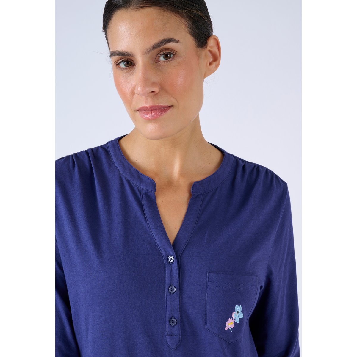 T-shirt de pyjama col tunisien en pur coton bleu nuit, DAMART