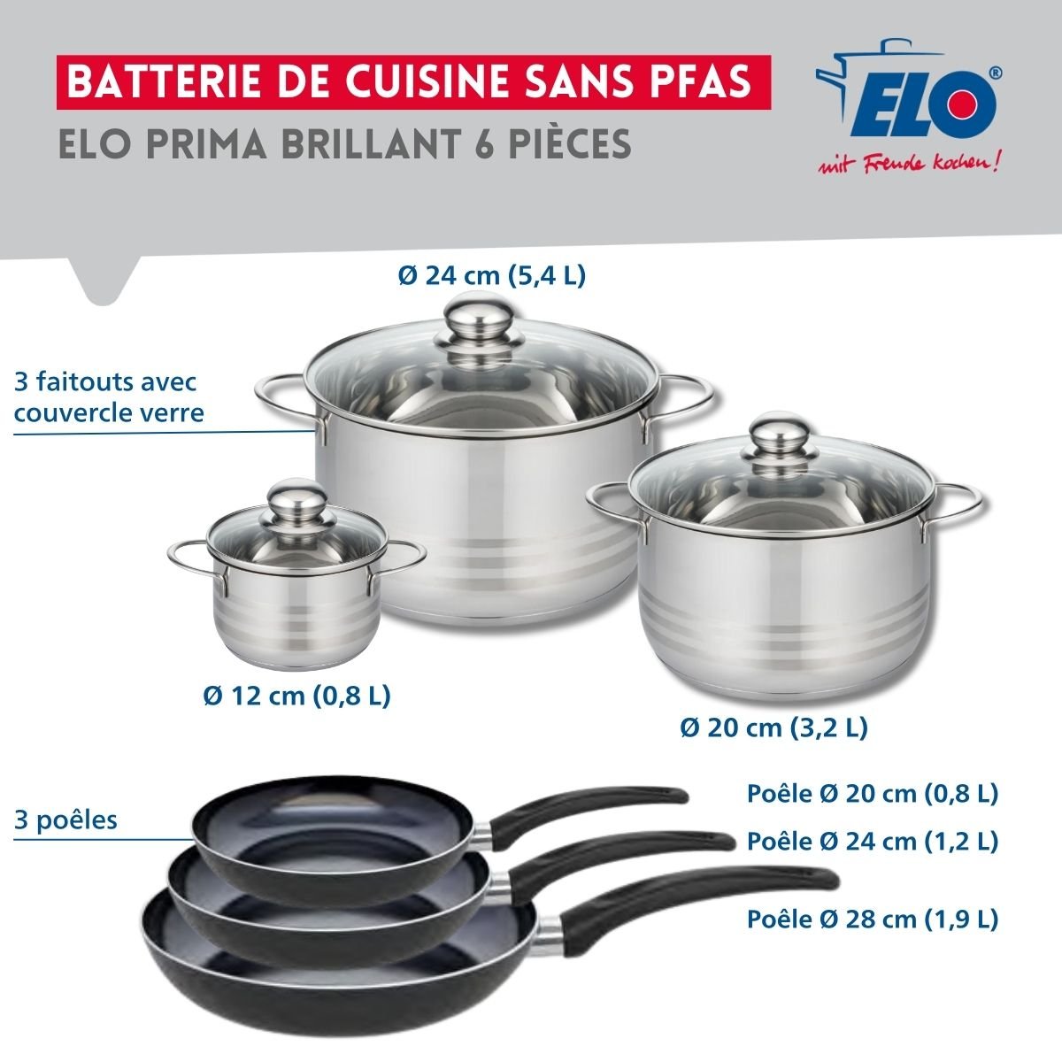 3 poêles 20/24/28cm + 3 faitouts 12/20/24cm PRIMA BRILLANT noir, ELO