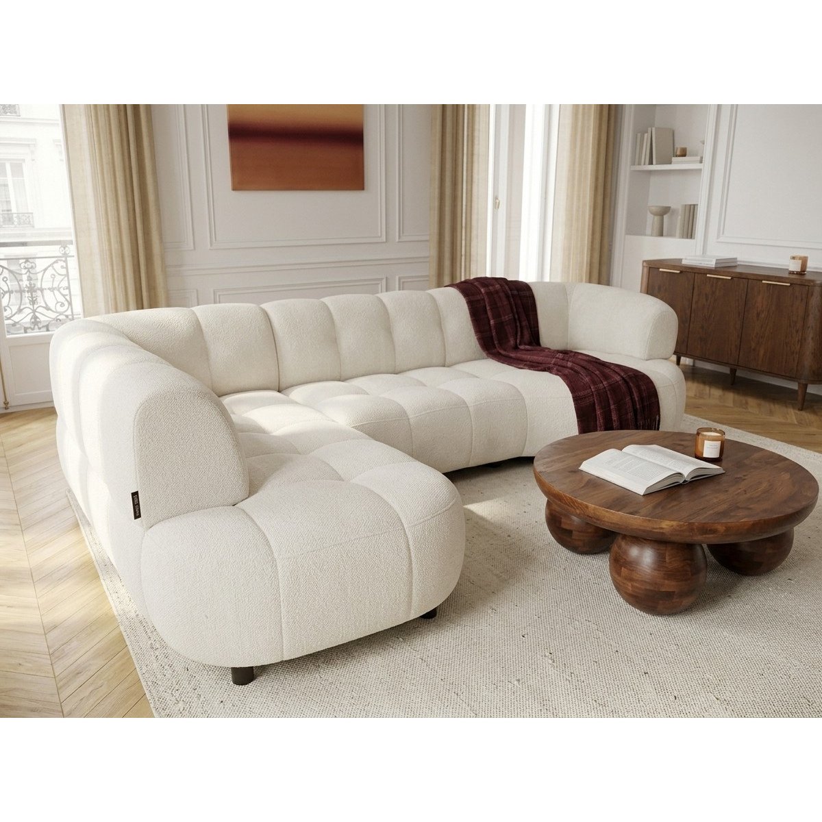Canapé d'angle convertible 3 places en tissu lisse, LOVELY beige, BOBOCHIC