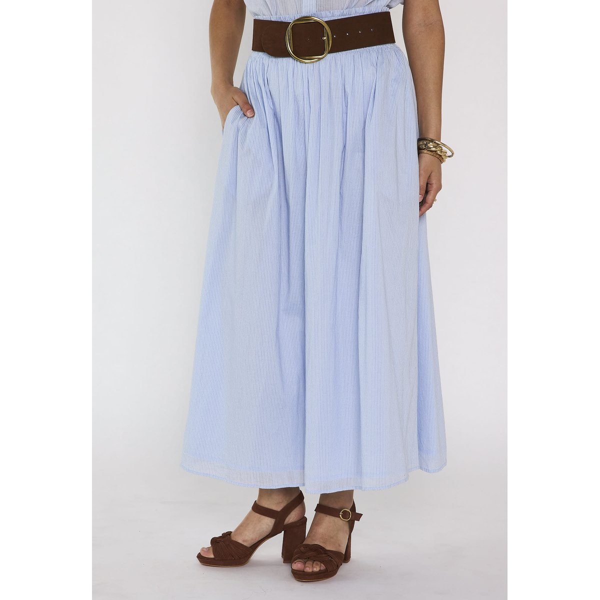 Jupe midi à rayures en coton VOILE bleu chambray, Maison 123