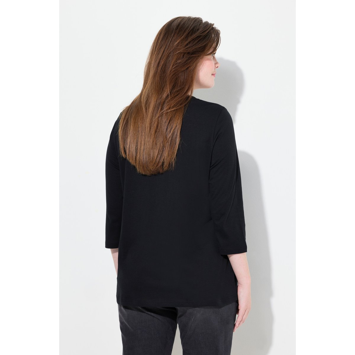 T-shirt col en V et manches 3/4 noir, ULLA POPKEN