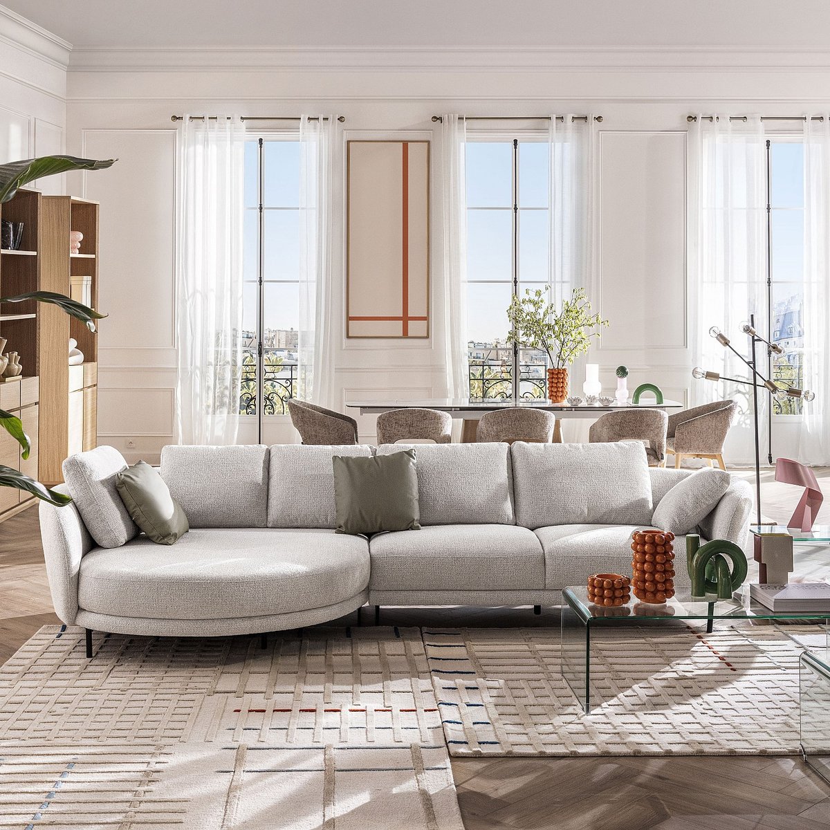 Canapé d'angle gauche déhoussable en tissu et dossier garni de plumes VELIA beige, HABITAT