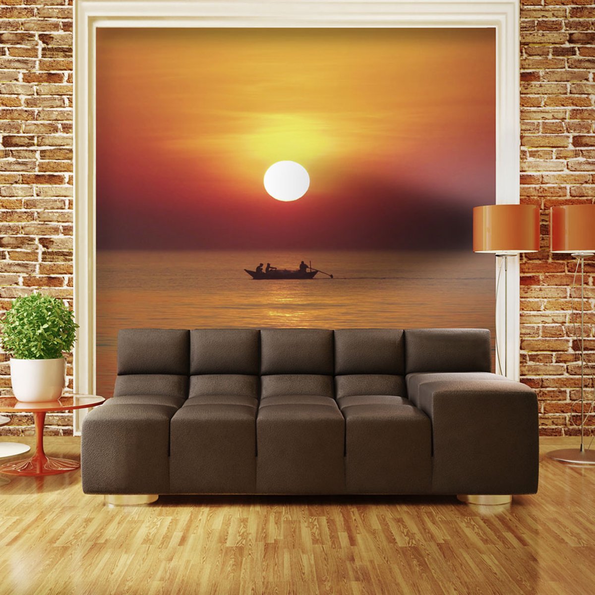 Papier peint intissé panoramique Paysage Bateau de pêche au coucher de soleil orange / cuivré, EDEN