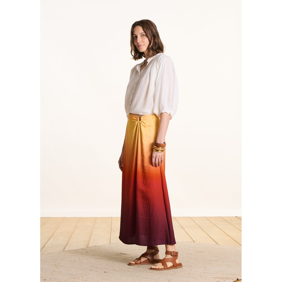 Jupe midi à imprimé tie & dye multicolore jaune/mahogany, LA FEE MARABOUTEE
