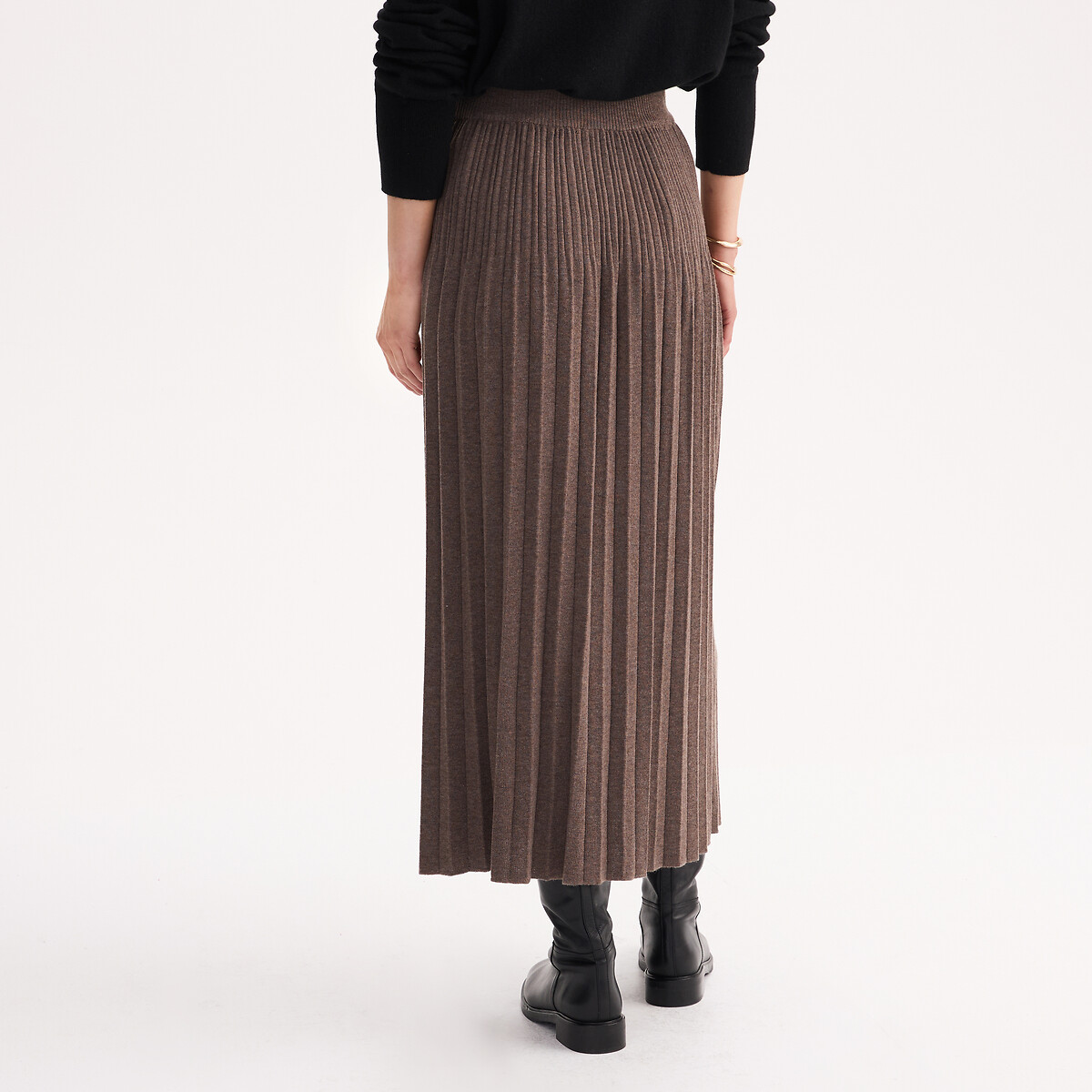 Jupe plissée en maille longueur midi marron glacé, ANNE WEYBURN