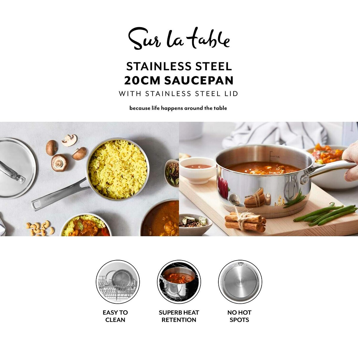 20cm SLT Core Stainless Steel Saucepan with Lid silver-coloured, SUR LA TABLE