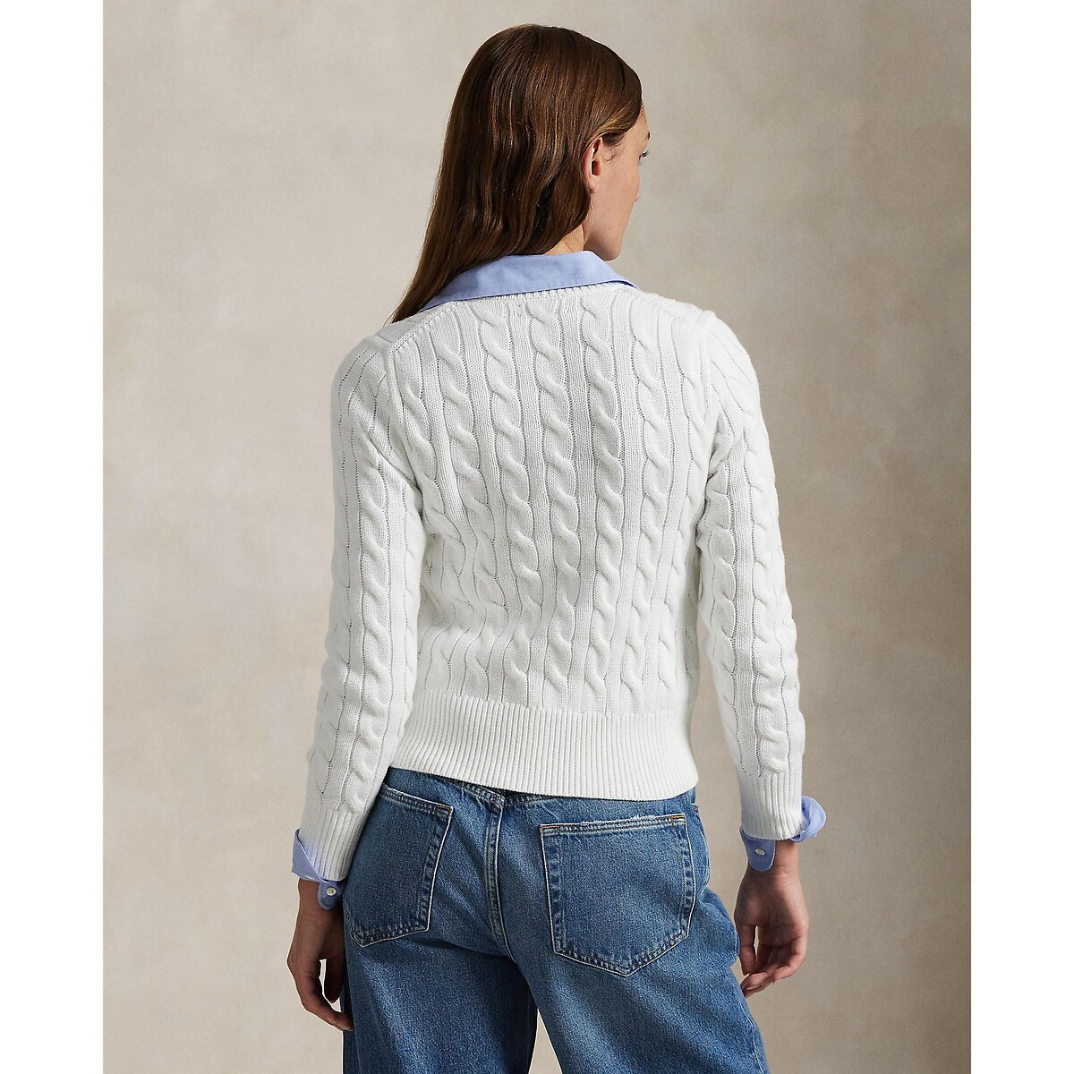 Cardigan à col rond et à manches longues, en maille torsadée blanc, POLO RALPH LAUREN
