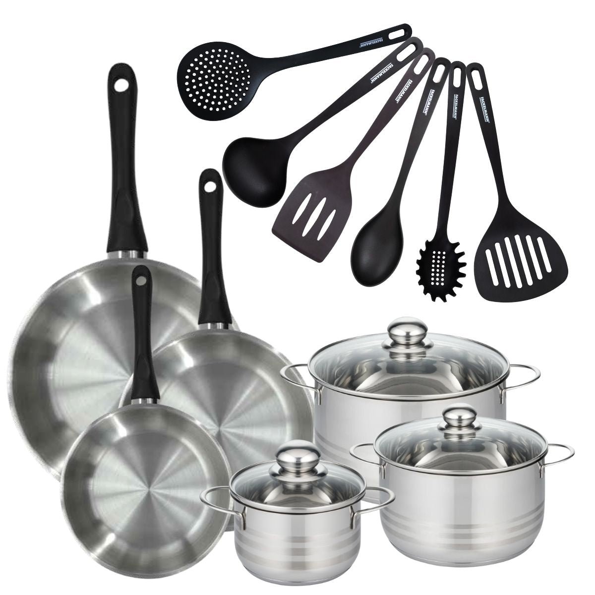 Batterie 3 poêles 20/24/28cm + 3 faitouts 16/20/24cm BRILLANT inox|noir, FACKELMANN