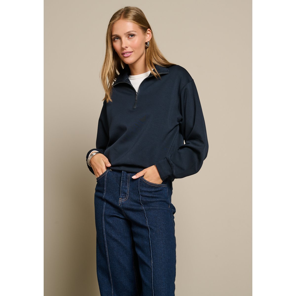 Sweat à col polo zippé bleu marine, LOLALIZA