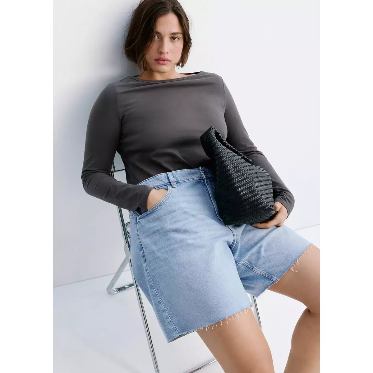 Bermudas en denim coupe droite taille basse bleu moyen, MANGO