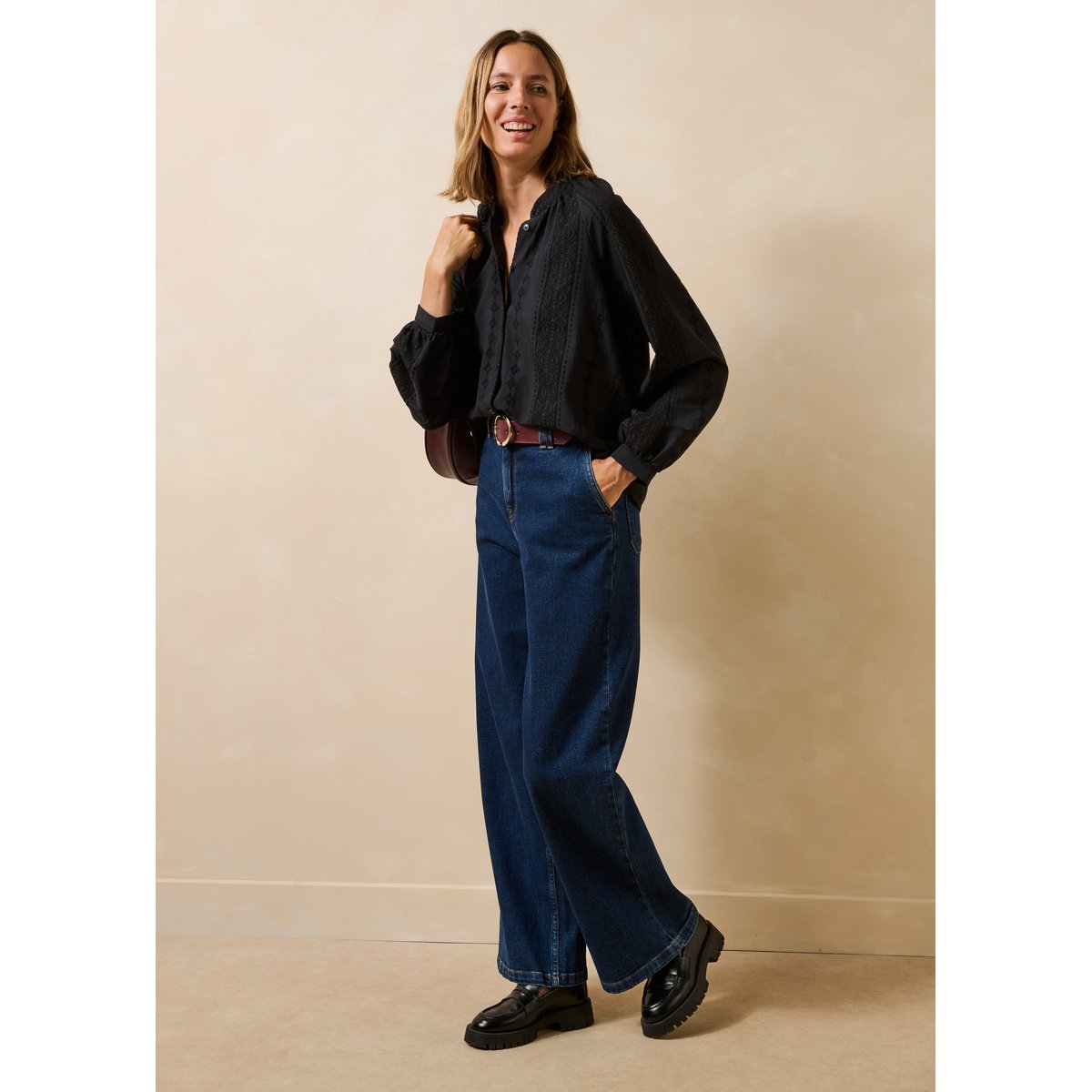 Chemise manches longues col rond en jacquard noir, LA FEE MARABOUTEE