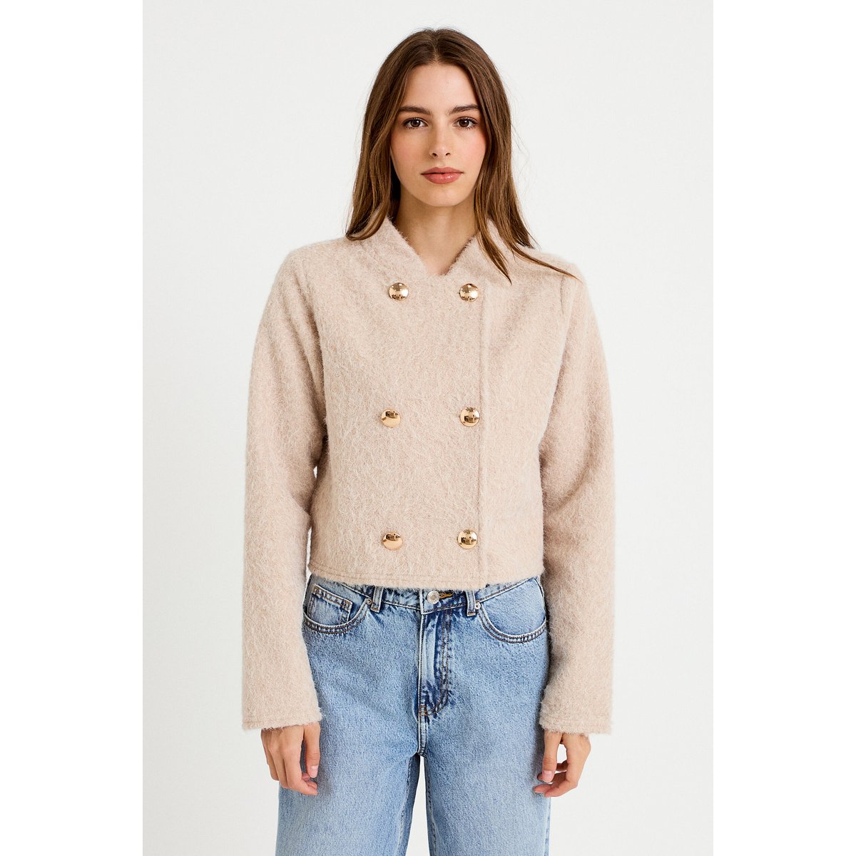 Veste droite cropped effet polaire ivoire, CACHE CACHE