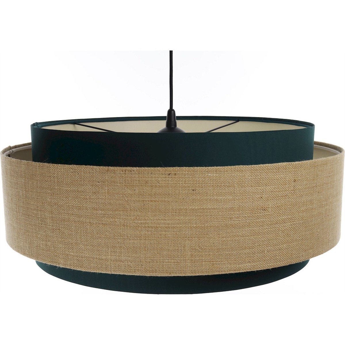 Suspension en tissu, DOBLO abat-jour en tissu satiné chanvre beige clair et pvc lisse vert bouteille intérieur crème, BPS KONCEPT