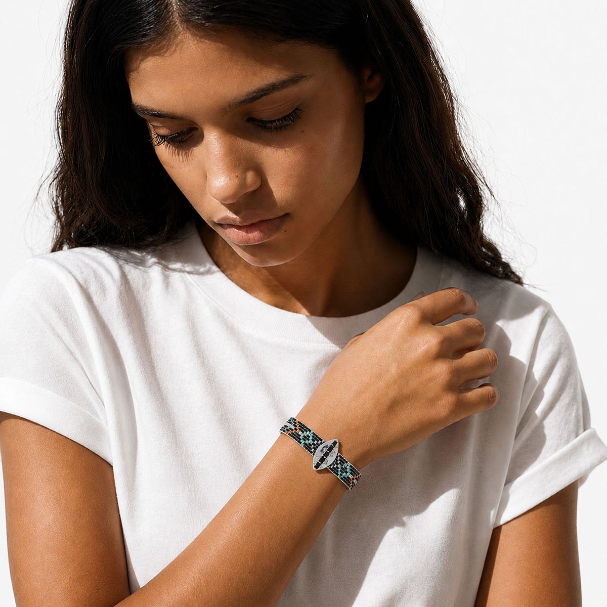 Bracelet manchette perles tissées avec cabochon KAIRO noir, HIPANEMA
