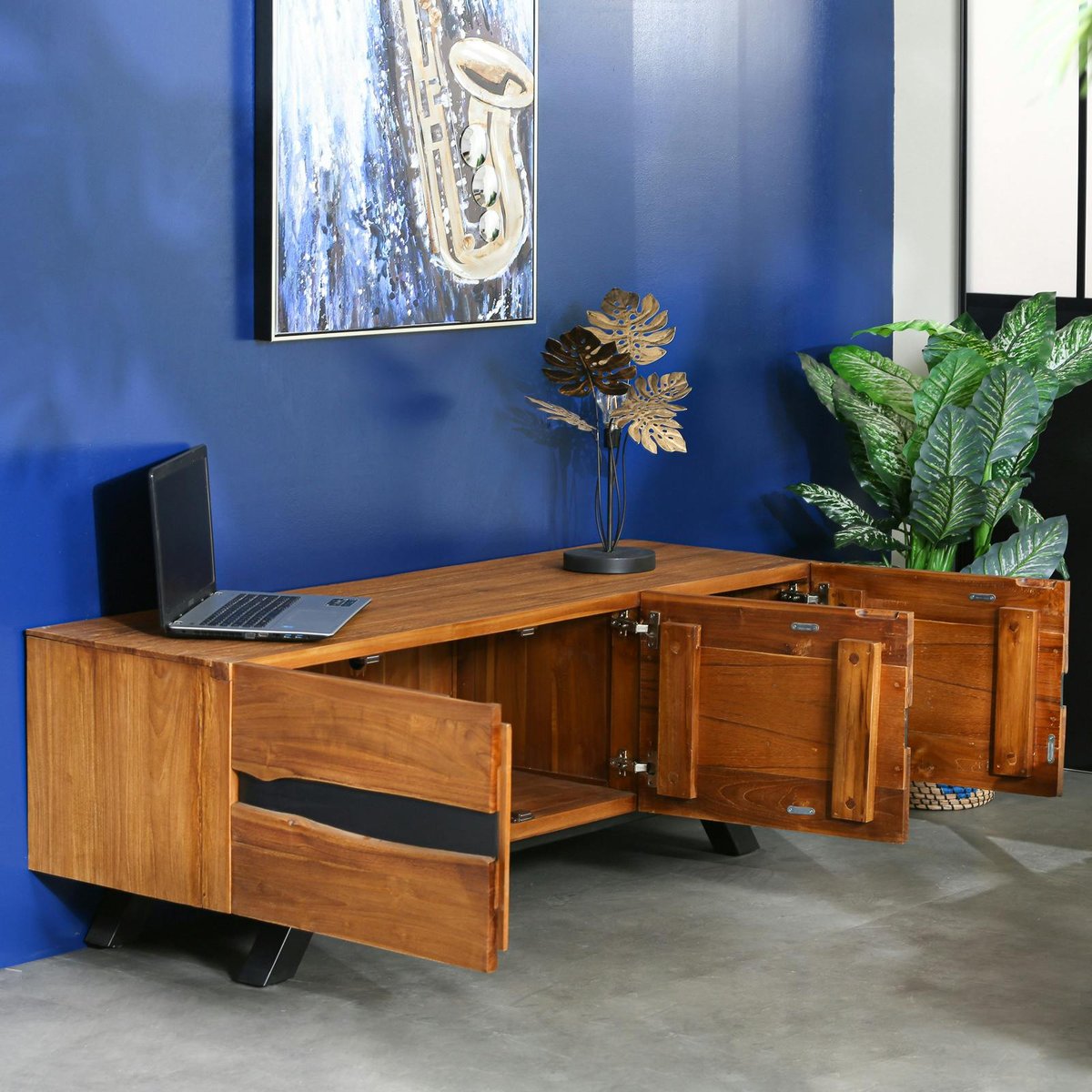Meuble TV contemporain bois recyclé de teck et bandeau noir laqué 3 portes style moderne 160 cm BARBADE bois naturel, PIER IMPORT