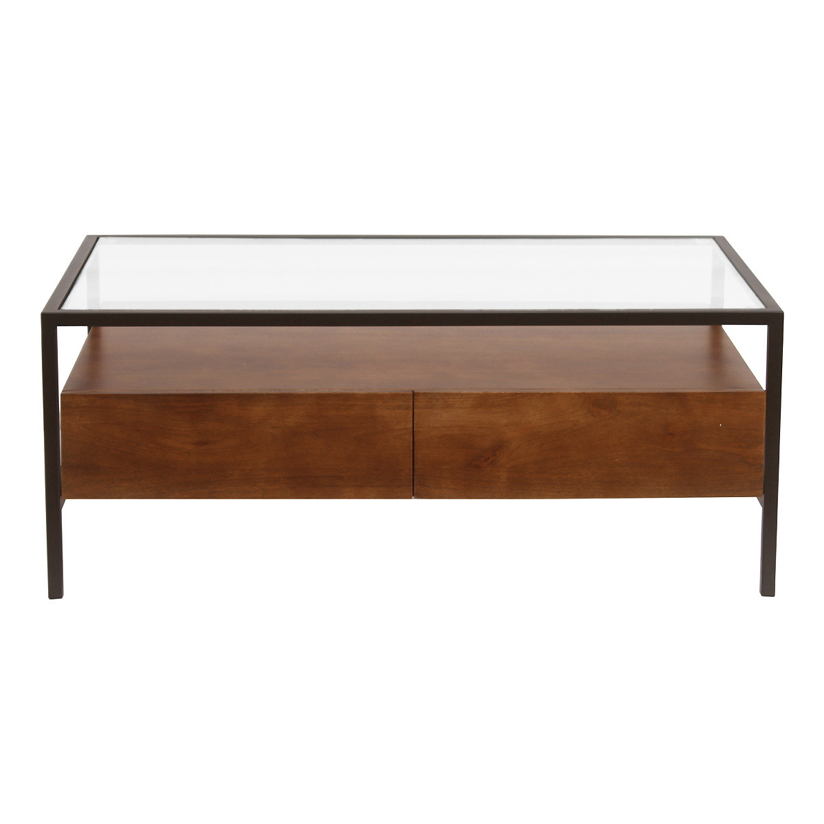 Table basse rectangulaire avec rangements en bois foncé manguier massif, verre et métal noir L100 cm SITA couleur unique, MILIBOO