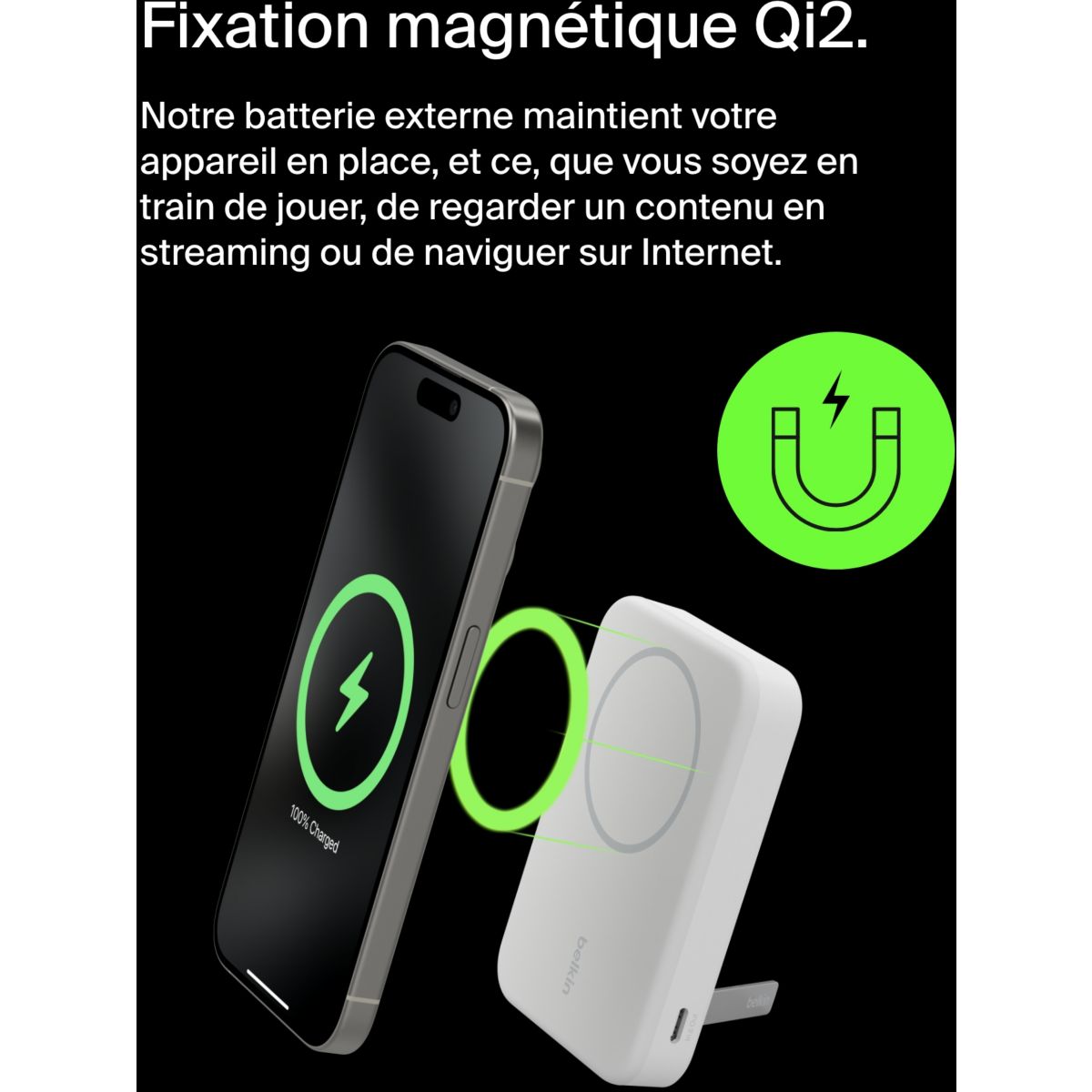 Batterie externe 8000 mAh 15W MagSafe avec support couleur unique, BELKIN