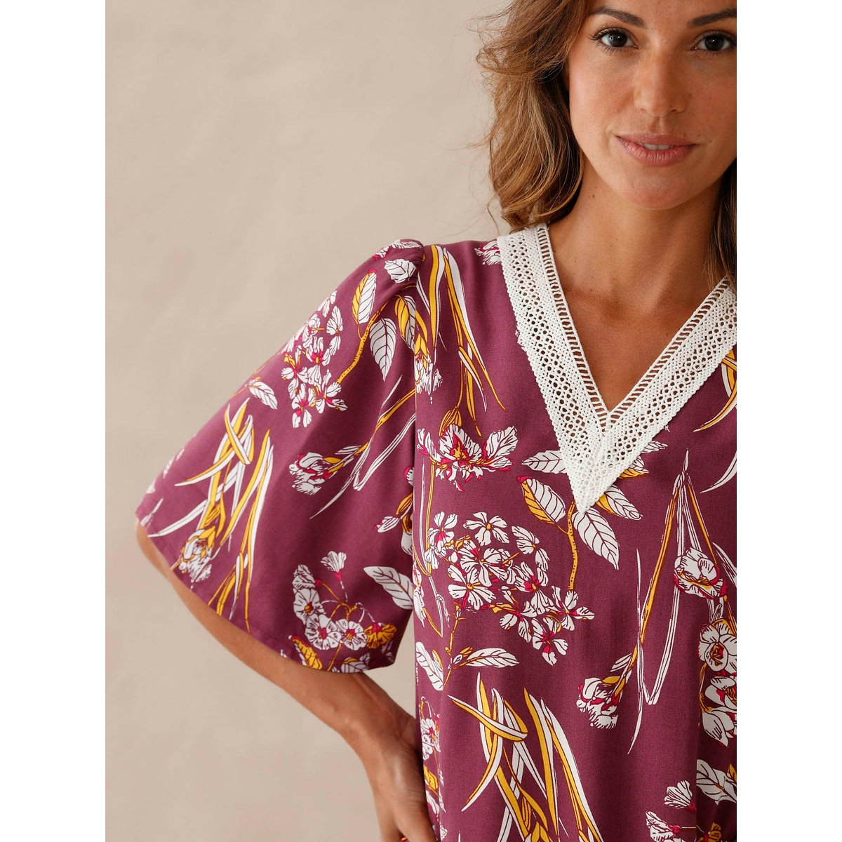 Robe d'hôtesse brodée fluide imprimé violet, DAXON