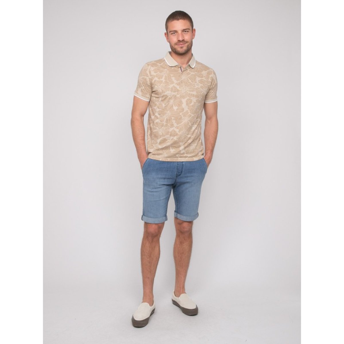 Polo Manches Courtes Coton Motifs Paillote beige, RITCHIE