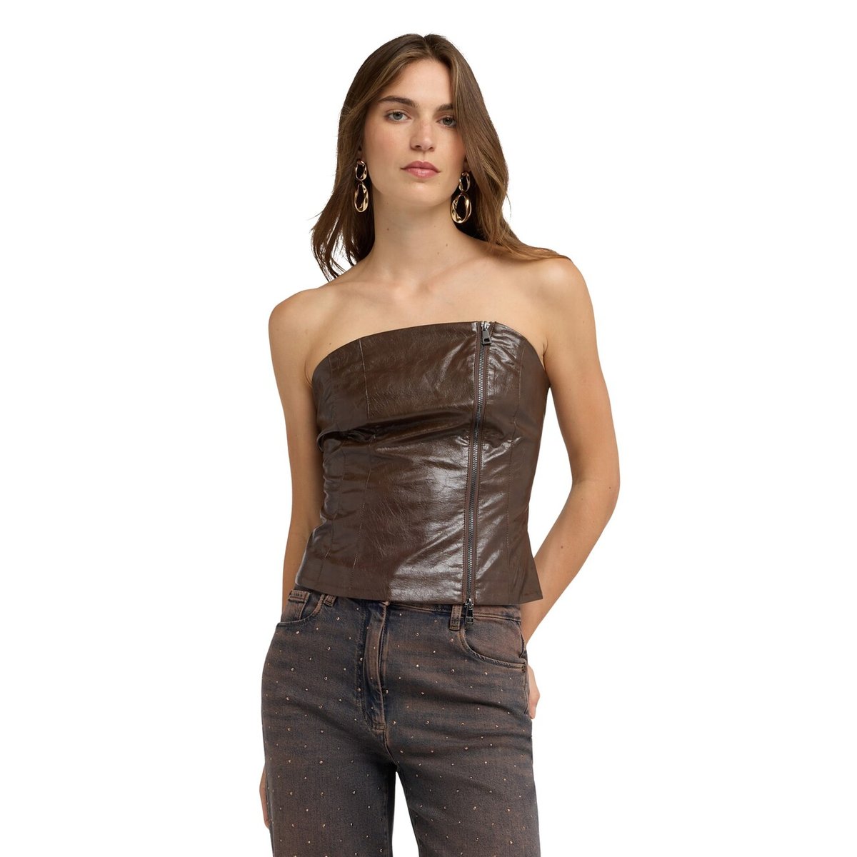 Bustier brillant avec effet crinkle et zip marron, MOTIVI