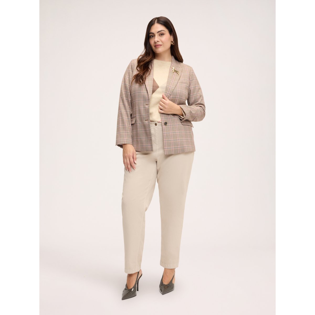Blazer à carreaux avec broche teckel gris, FIORELLA RUBINO