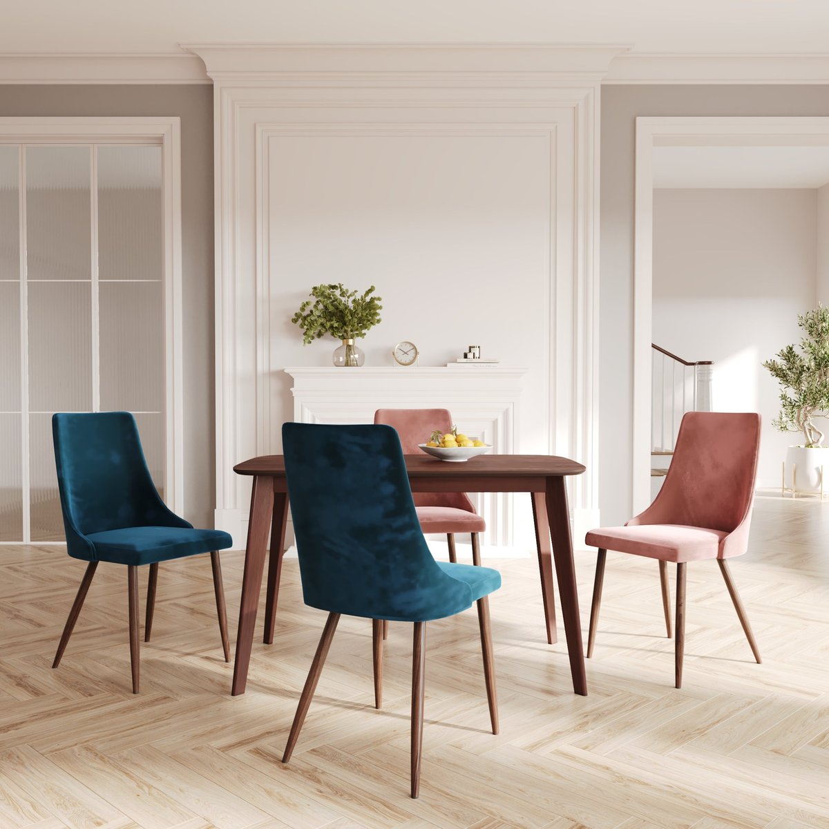 Pack 4 chaises en velours - VINNI bleu et rose, MAISON PAVANE