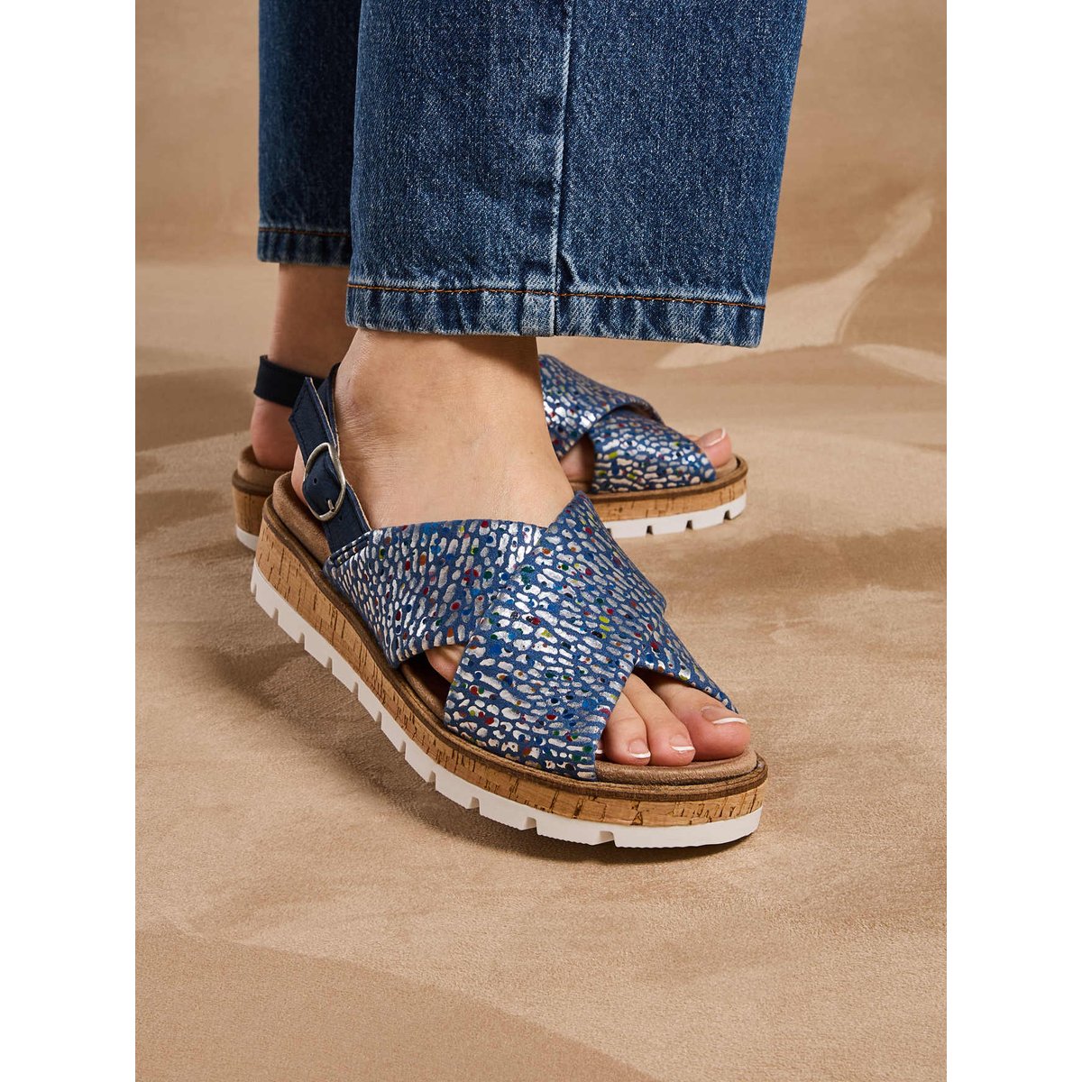 Sandales extensibles doublure cuir bleu, PEDICONFORT