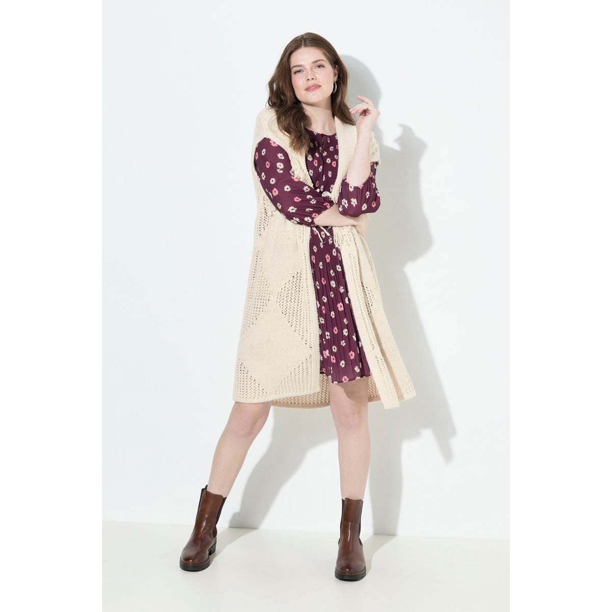 Cardigan long et oversize, coupe ouverte mastic foncé, ULLA POPKEN