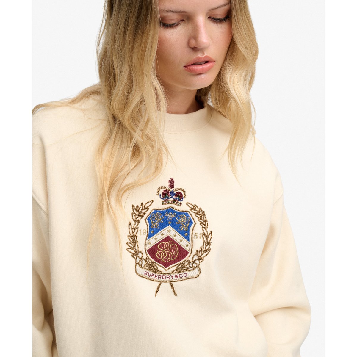 Sweat Crest col rond coupe décontractée crème naturel, SUPERDRY