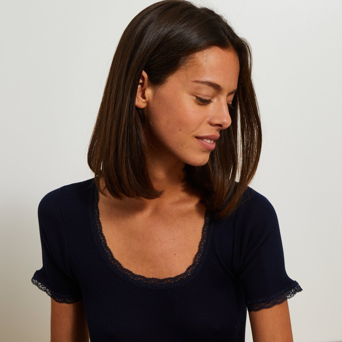 T-shirt manches courtes en laine et soie, Oeko-Tex marine, MONOPRIX