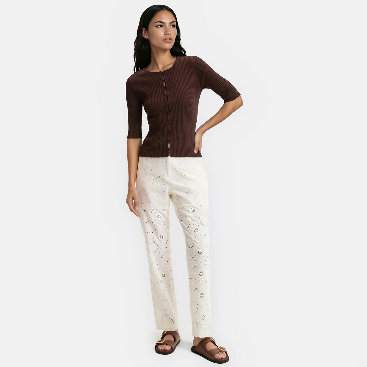 Broderie Anglaise Straight Trousers ivory, LA REDOUTE COLLECTIONS