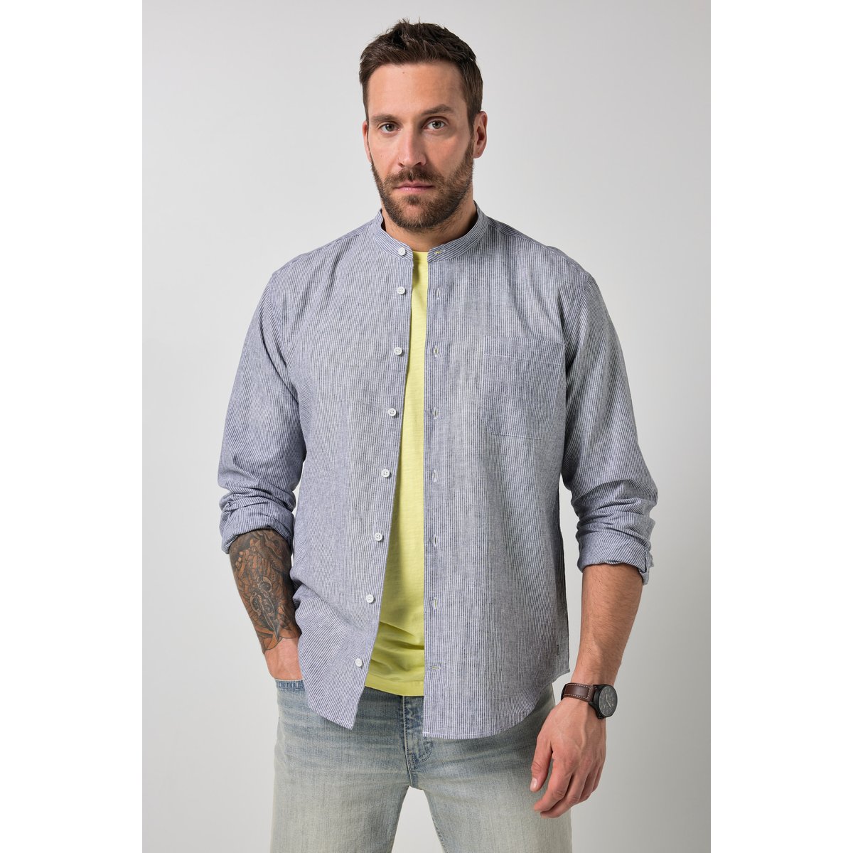 Chemise à rayures en lin mélangé bleu marine, JP1880