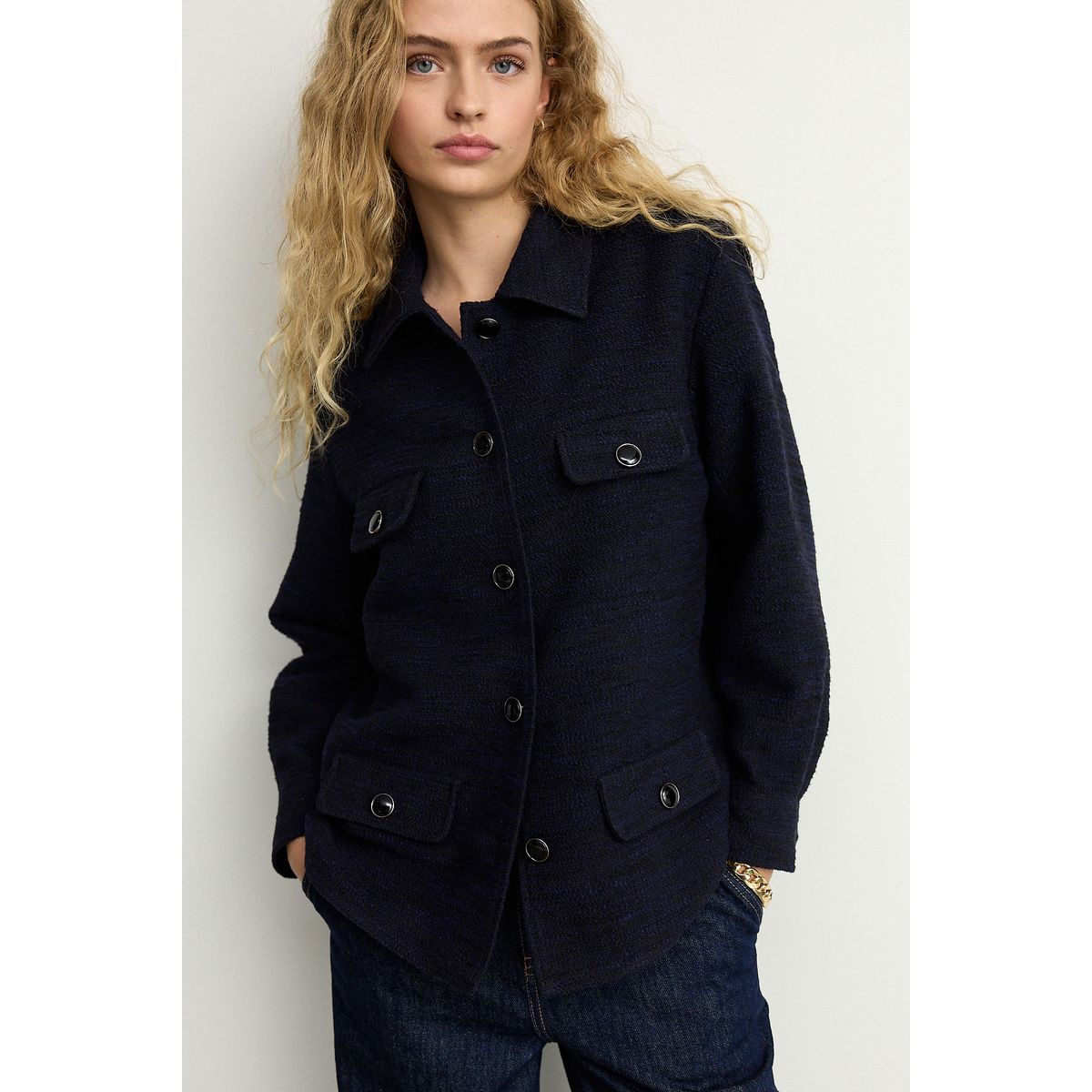 Veste-chemise boutonnée en maille bouclée bleu marine, NEXT