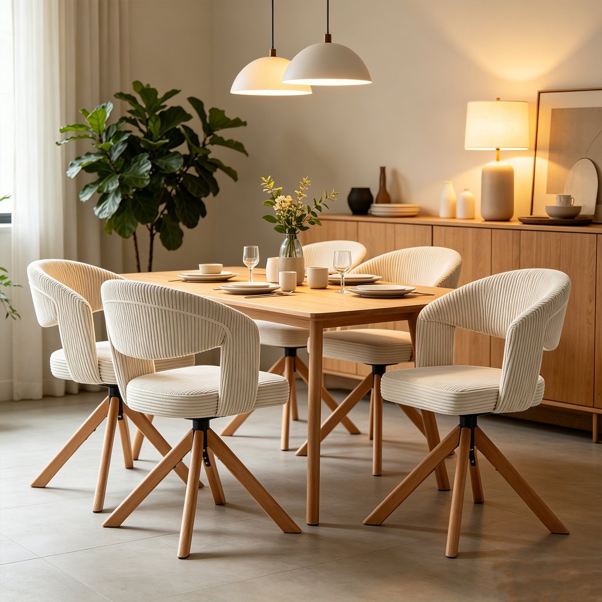 Lot de 4 fauteuils de salle à manger rotatif velours côtelé, CARMONDBCORD chêne beige, MEUBLES COSY