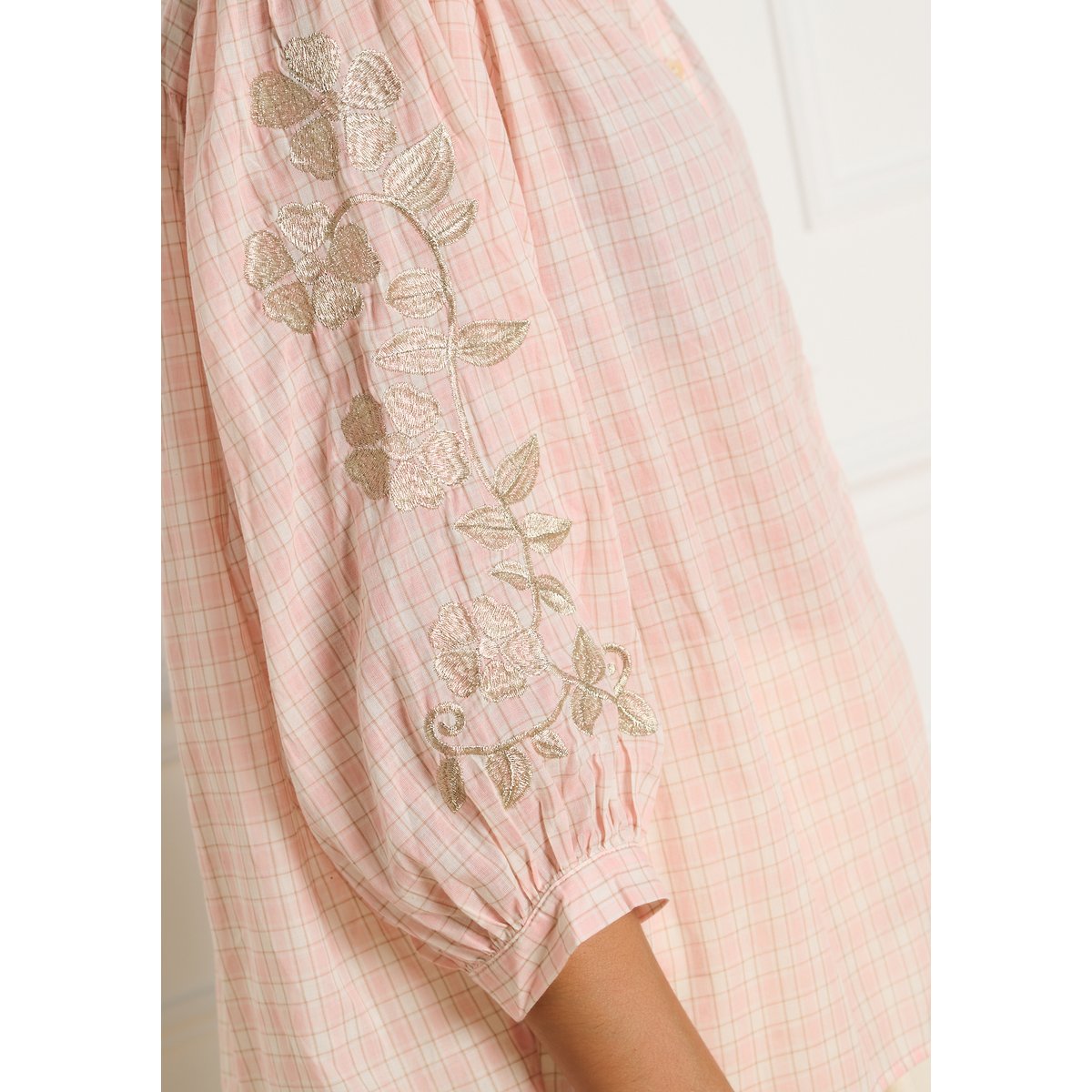 Chemise à carreaux brodée rose clair, LOLALIZA